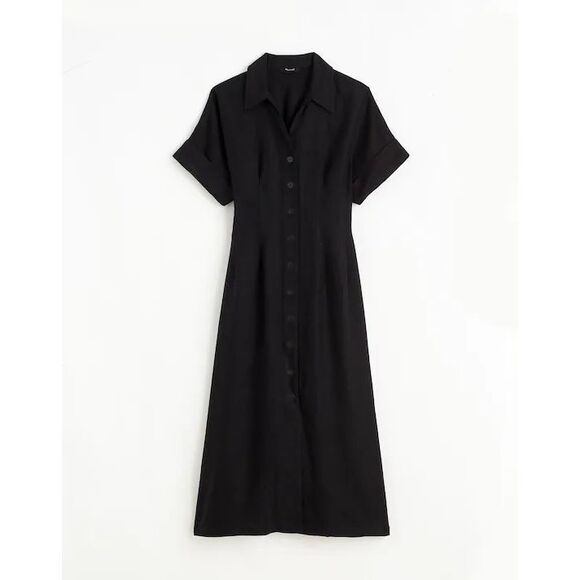 Madewell Pleated Midi Shirtdress in 100% Linen Jet Black Size XS NWT NU580 - Picture 6 of 11